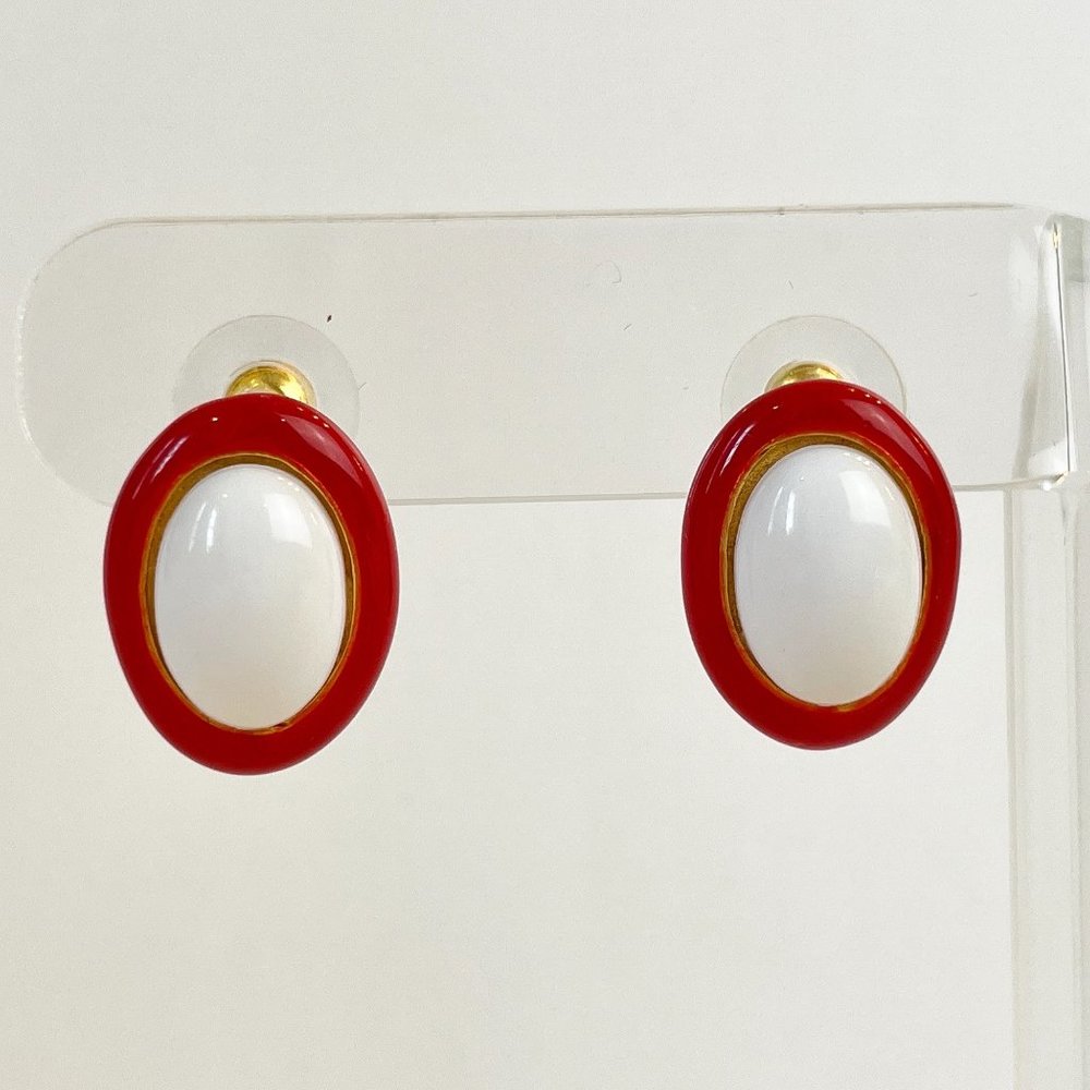 Donald Stannard Pierced Earrings Vintage 80s Eighties Red White Oval Lucite